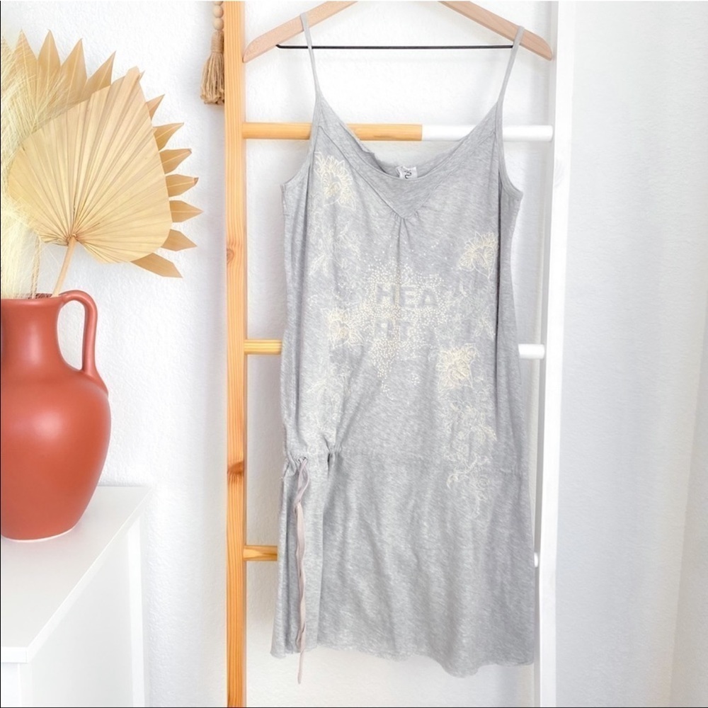Johnny Was Tunic Mini Dress Gray Cinched Waist Embroidered Heart Floral S